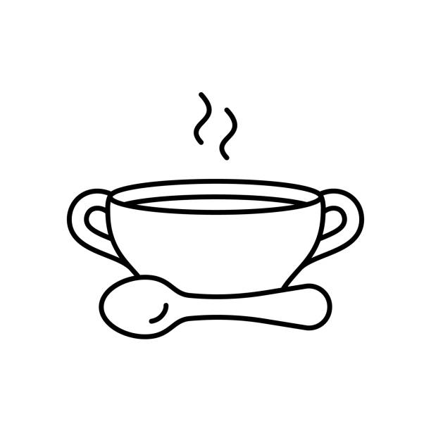 Bouillon. Linear icon of bowl with spoon and hot food. Bouillon. Linear icon of bowl with spoon and hot food. Black simple illustration of broth or clear soup for eatery menu. Contour isolated vector pictogram on white background tureen stock illustrations