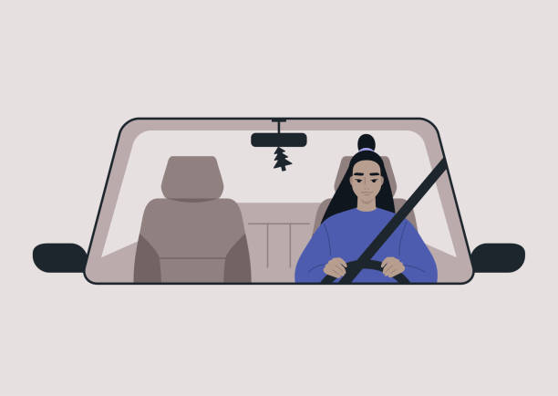 ilustrações de stock, clip art, desenhos animados e ícones de a front view of a car driven by a young female asian character, daily commute, a road trip scene - car driving women driver