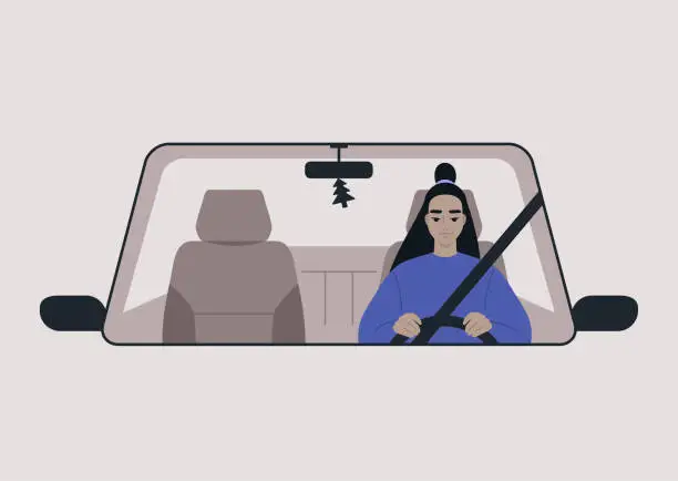 Vector illustration of A front view of a car driven by a young female Asian character, daily commute, a road trip scene