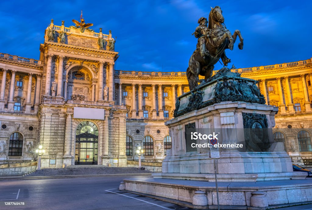 The Prinz Eugen Statue with part of the Hofburg The Prinz Eugen Statue with part of the Hofburg in Vienna at night The Hofburg Complex Stock Photo