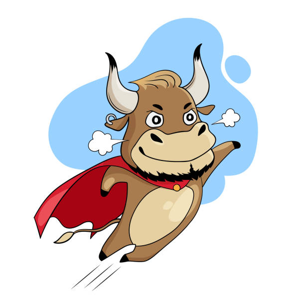 Cool bull flying in a red superhero cape. Symbol of 2021, year of the ox. Cartoon vector illustration Cool bull flying in a red superhero cape. Symbol of 2021, year of the ox. Cartoon vector illustration. superhero clip art stock illustrations