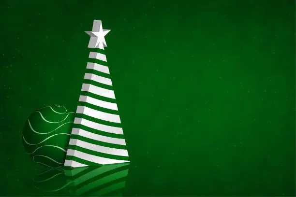 Vector illustration of One there dimensional striped white coloured triangle shaped Christmas tree, a bauble and a star over a dark emerald green color glittering xmas backgrounds with the star at the top of the tree