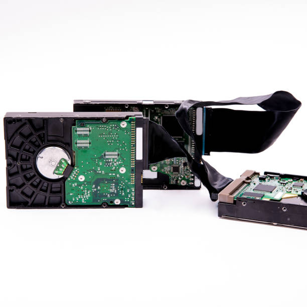 istock Hard drives management scheme for storing information are connected by a cable HDD Cable on a white background, isolated, space for text, electronics 1287774986