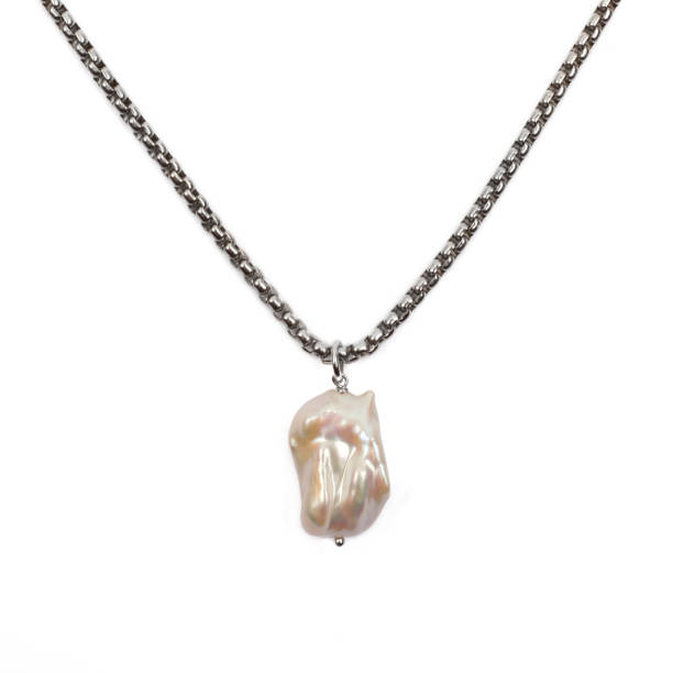 istock Luxury elegant silver necklace with baroque pearl pendant isolated on white background 1287779598