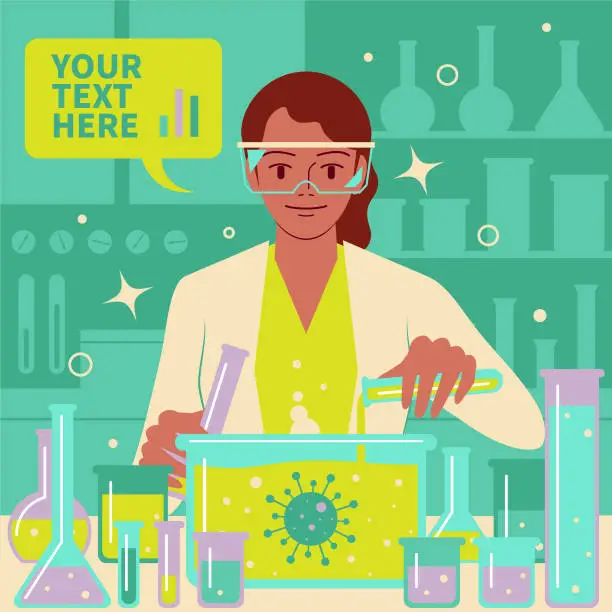 Vector illustration of Smiling beautiful female scientist (doctor, biochemist) doing a scientific experiment and medical research in a laboratory to fight against coronavirus (covid-19, bacterium, virus)