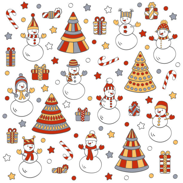 istock Winter set with snowmen, Christmas trees and gifts 1287782418