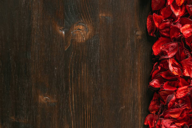 Dry Red Leaves on Rustic Wooden Table