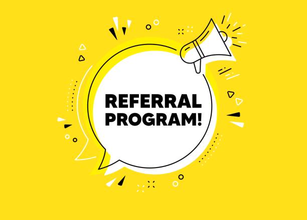 Referral program symbol. Refer a friend sign. Vector Referral program symbol. Megaphone yellow vector banner. Refer a friend sign. Advertising reference. Thought speech bubble with quotes. Referral program chat think megaphone message. Vector bullhorn stock illustrations