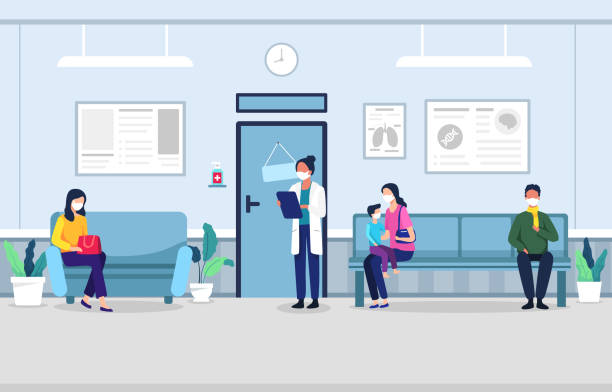 People in clinic waiting room People sitting on chairs and waiting appointment time in medical hospital. Man and woman in queue at the clinic. Waiting in clinic hall. Vector illustration flat style waiting room stock illustrations