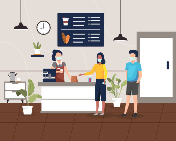 Coffee shop or cafe with health protocol People maintain social distancing, Take away coffee shop concept. Coffee shop bar counter design, Customer buy coffee and dessert. Vector in a flat style restaurant masks stock illustrations