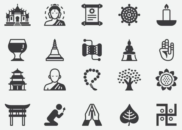 illustrations, cliparts, dessins animés et icônes de bouddhisme , thaïlande , japon , asie , zen , bouddha , buddha statue pixel icônes parfaites - jeunes bonze