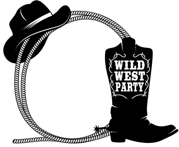 illustrations, cliparts, dessins animés et icônes de cadre de corde avec des bottes de cowboy et chapeau dans le modèle de gravure. élément de conception pour l’affiche, la carte, la bannière, le signe. illustration vectorielle - cowboy hat illustrations