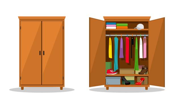 Open and close wardrobe with clothes. Closet with clothes, dresses, shirts, boxes and shoes. Natural wooden Furniture. Vector illustration Open and close wardrobe with clothes. Closet with clothes, dresses, shirts, boxes and shoes. Natural wooden Furniture. Vector illustration. clothes hanger storage stock illustrations