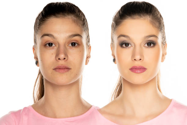 retrato comparado de la misma mujer antes y después del cambio de imagen - fondos para photoshop fotografías e imágenes de stock