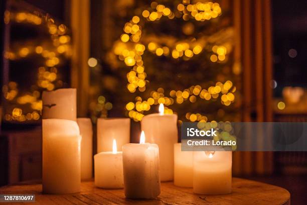Christmas Decorations In Xmas Home Stock Photo - Download Image Now - Candle, Christmas, Candlelight