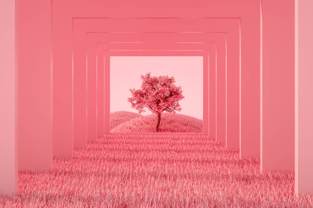 istock Abstract Tunnel with Tree on Grass Ground, Pink Colors 1287812107