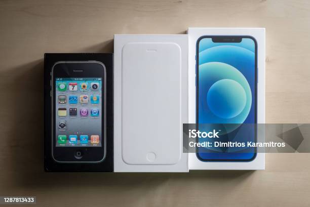 The Evolution Of The Iphone Packages Stock Photo - Download Image Now - Packaging, iPhone, 5G