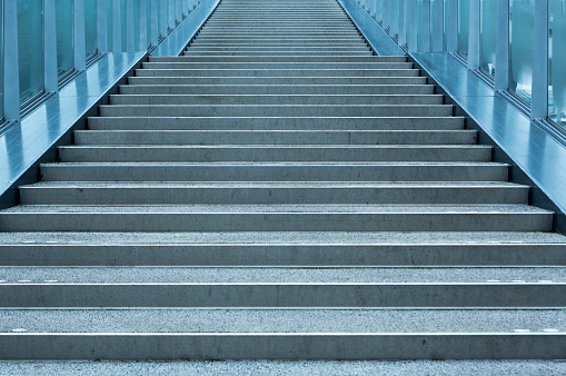 Concrete staircase. Staircase, steps made of metal and concrete blocks. Rise, step in the park.