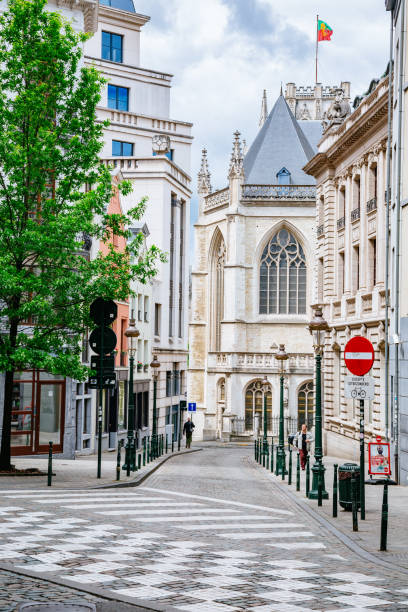 A street in the centre of Brussels. Centre of Brussels - people walking along Rue des Colonies street.The Cathedral of St. Michael and St. Gudula is on the background. houses in brussels stock pictures, royalty-free photos & images
