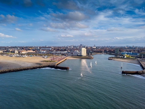 aerial view of the entrance of the harbour of Scheveningen; The Hague, Netherlands