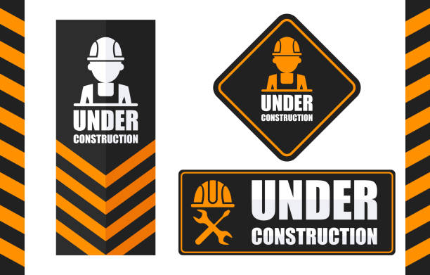Warning sign under construction set. Black and orange color. Warning sign under construction set. Black and orange color. Logo concept. Conceptual image of tools for repair, construction and builder. Cartoon flat vector illustration. Objects isolated on a background. construction stock illustrations