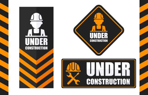 Warning sign under construction set. Black and orange color. Warning sign under construction set. Black and orange color. Logo concept. Conceptual image of tools for repair, construction and builder. Cartoon flat vector illustration. Objects isolated on a background. construction zone signs stock illustrations