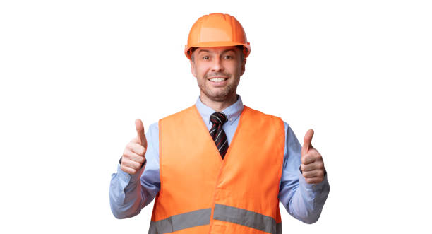 istock Cheerful Construction Worker Gesturing Thumbs-Up Posing On White Background, Panorama 1287821606