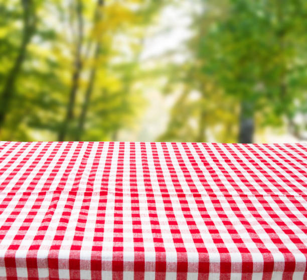 istock Red Checkered tablecloth top view with abstract green bokeh design garden. Selective focus. Copy space. Place for food and drink. Picnic and thanksgiving day concept. 1287821733