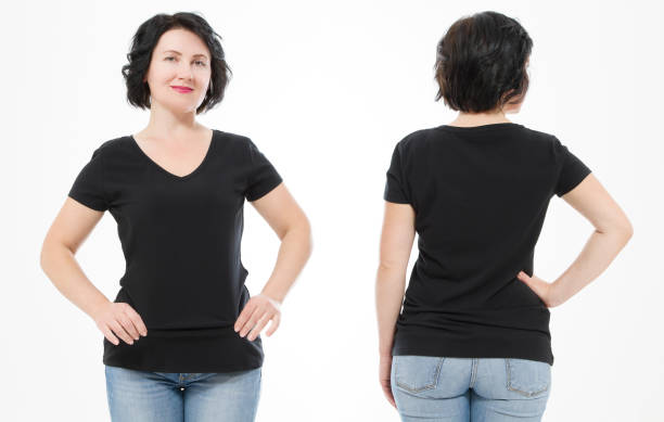 istock Women black blank t shirt, front and back rear view isolated on white background. Template shirt, copy space and mock up for print design. 1287822328
