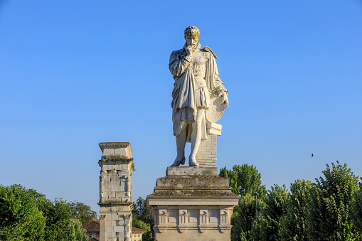 Reims, France-02 27 2023: The Place Royale is a square in Reims, France. A bronze statue of king Louis XV of France commissioned by the city from Jean-Baptiste Pigalle and inaugurated on 1765 stands in its center.