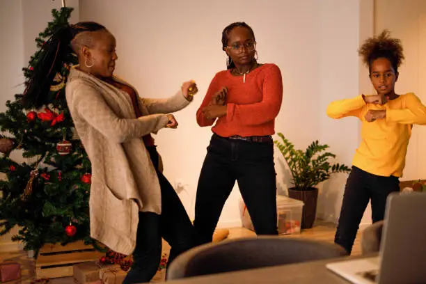 Three female members of an African American family have lots of fun dancing Tik Tok routines on Christmas day.
