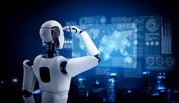 istock Humanoid AI robot looking at hologram screen showing concept of big data 1287827393