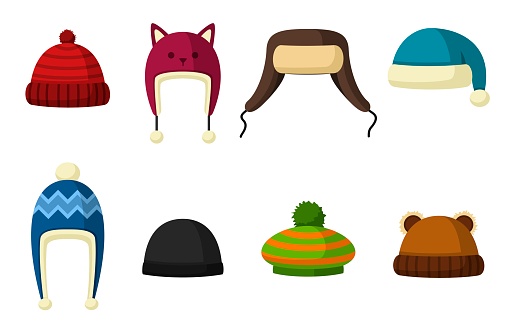 Winter hats set isolated on white background. Knitting headwear and caps for cold weather. Outdoor clothing. Vector illustration.