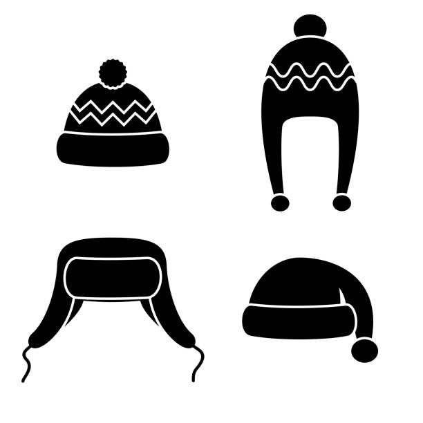 ilustrações, clipart, desenhos animados e ícones de chapéus de inverno definem ícones negros isolados no fundo branco. tricô headwear e bonés para o tempo frio. roupas ao ar livre. ilustração vetorial - knit hat