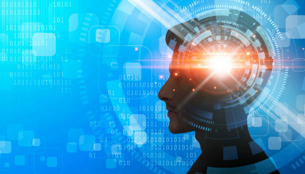 istock Male cyborg profile portrait over blue background 1287828044