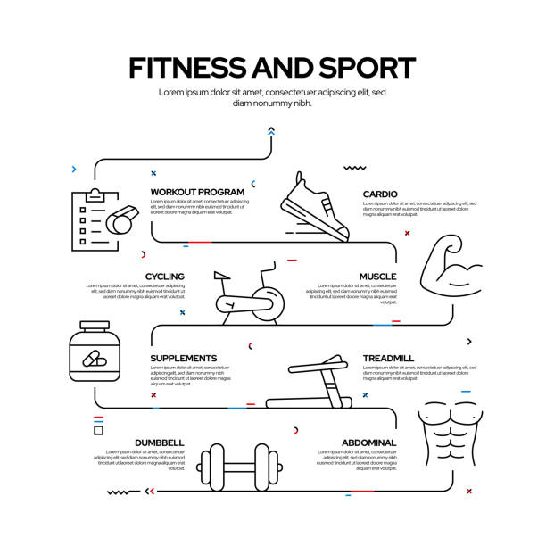 ilustrações de stock, clip art, desenhos animados e ícones de fitness and gym related process infographic design, linear style vector illustration - the next step