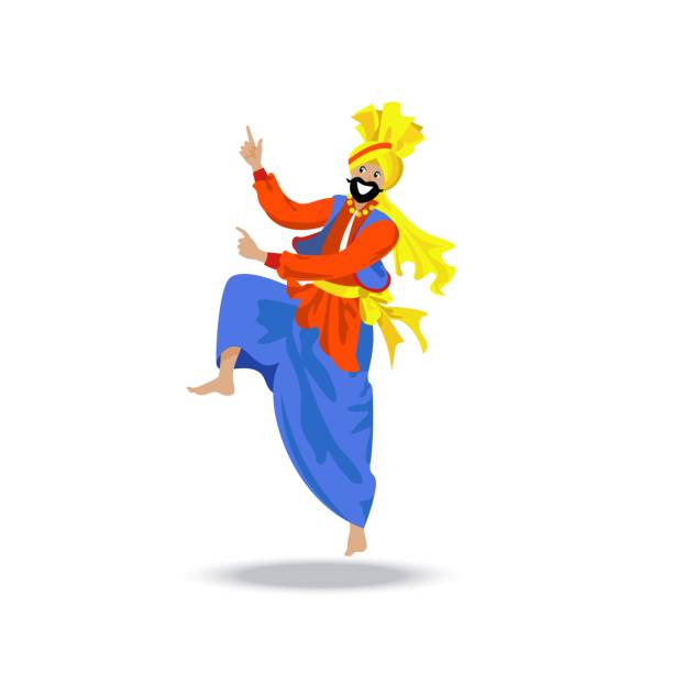 illustrazioni stock, clip art, cartoni animati e icone di tendenza di buon uomo sikh in turbante e abiti colorati che ballano danza tradizionale bhangra - bhangra