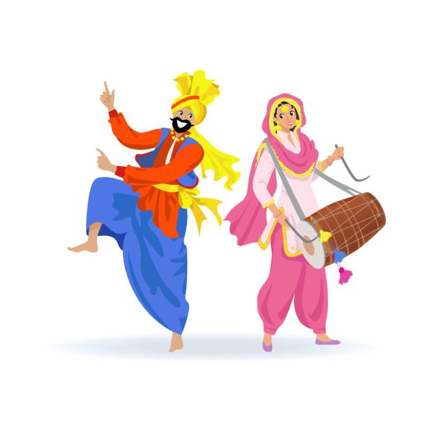 ilustrações de stock, clip art, desenhos animados e ícones de happy sikh couple, bearded man in turban dancing bhangra dance, young woman in pink punjabi suit playing dhol drum at harvest festival lohri, party. isolated cartoon characters on white background - india traditional culture indigenous culture women