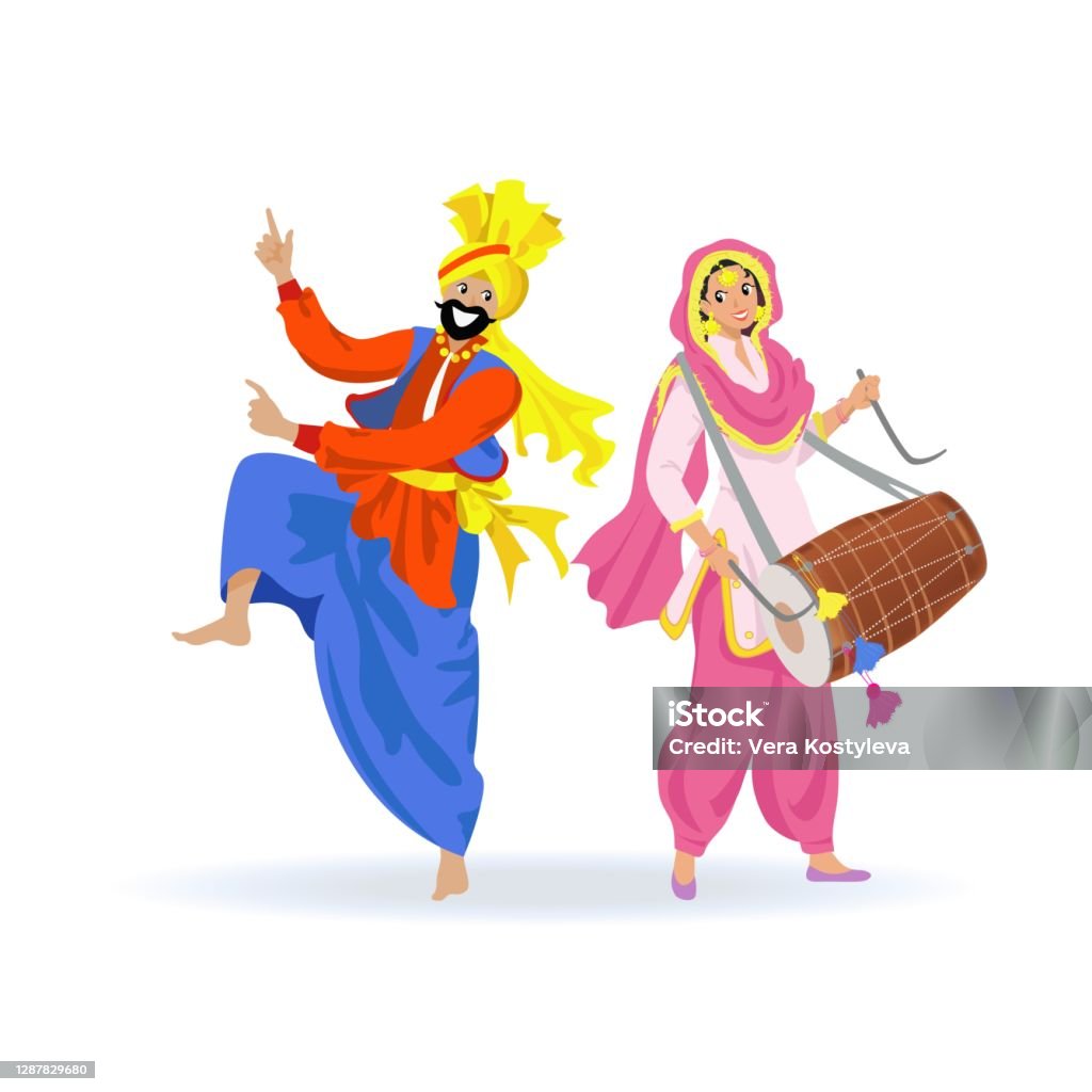 Happy Sikh Couple Bearded Man In Turban Dancing Bhangra Dance Young Woman  In Pink Punjabi Suit Playing Dhol Drum At Harvest Festival Lohri Party  Isolated Cartoon Characters On White Background Stock Illustration -