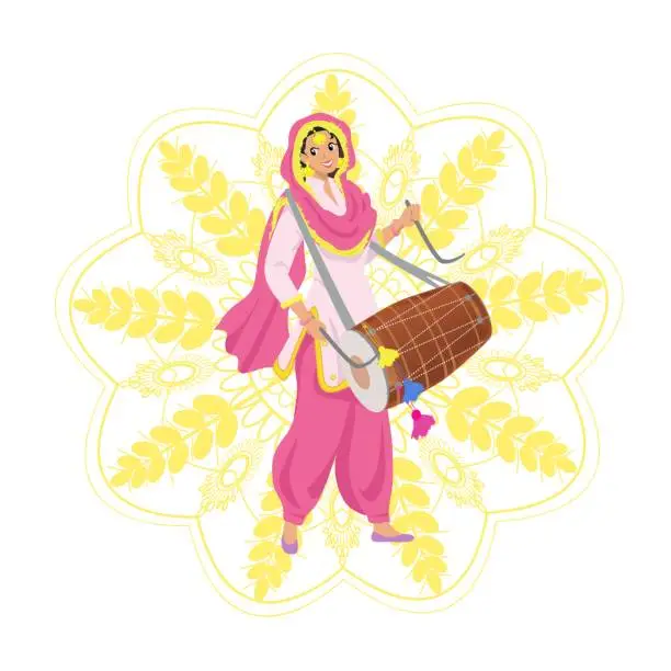Vector illustration of Happy smiling young Sikh woman in Punjabi pink salwar kameez suit, dupatta shawl, playing traditional dhol drum on Indian harvest festival Lohri, party. Golden flower mehendi mandala with wheat ears