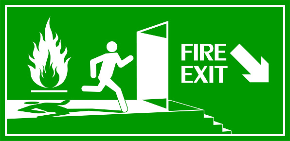 Fire exit sign. Emergency fire exit door and running human figure