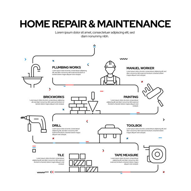 홈 수리 및 유지 보수 관련 프로세스 인포그래픽 디자인, 선형 스타일 벡터 일러스트레이션 - drill repairing installing home improvement stock illustrations