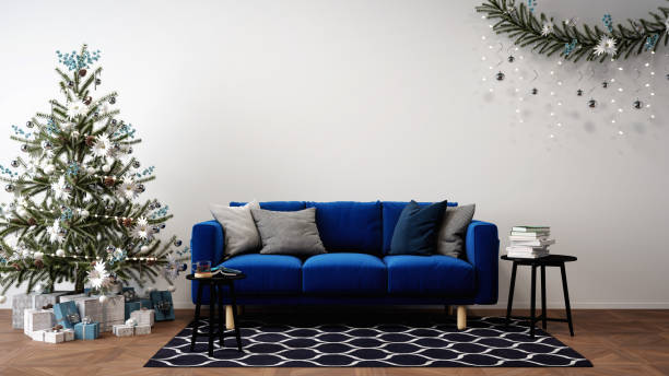 istock christmas decorated living room interior concept, sofa next to christmas tree, 3D mockup illustration 1287834377