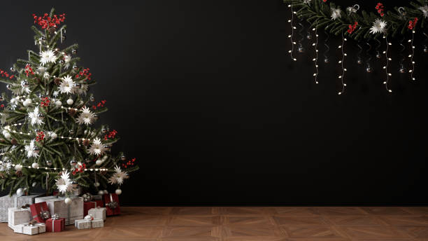 istock christmas tree and presents in front of empty black mockup wall, 3D illustration 1287834417