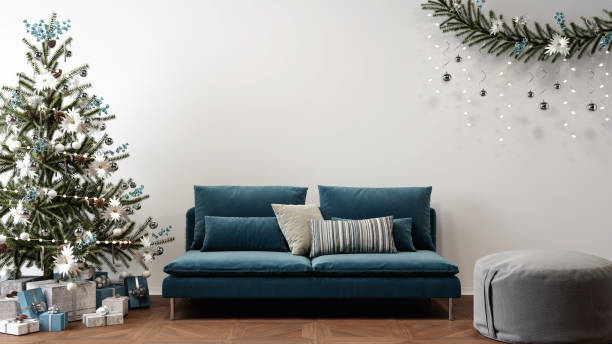 istock christmas decorated living room interior concept, sofa next to christmas tree, 3D mockup illustration 1287834434