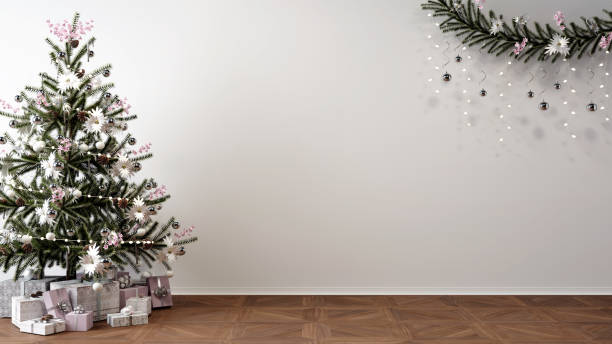 istock christmas tree and presents in front of empty white mockup wall, 3D illustration 1287834441
