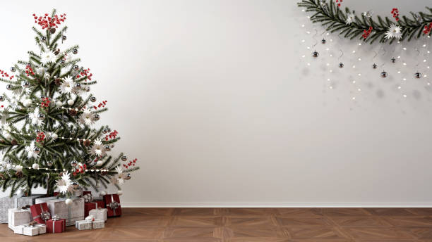 istock christmas tree and presents in front of empty white mockup wall, 3D illustration 1287834464