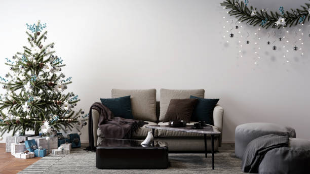 istock christmas decorated living room interior concept, sofa next to christmas tree, 3D mockup illustration 1287834484