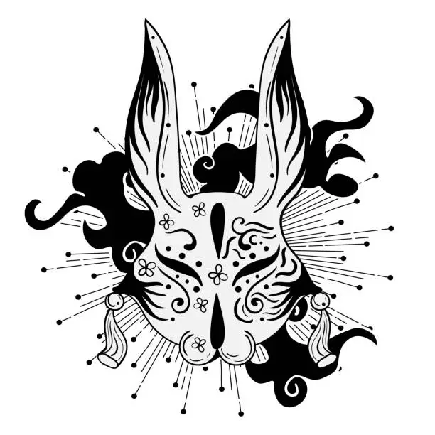 Vector illustration of Dark gothic vector illustration of japanese rabbit mask. Tattoo art style.
