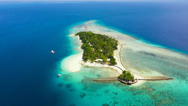 Little Liguid Island, Philippines, Mindanao Little Liguid Island with beautiful beach, palm trees by turquoise water view from above. Little Cruz Island, Philippines, Samal. davao city stock pictures, royalty-free photos & images